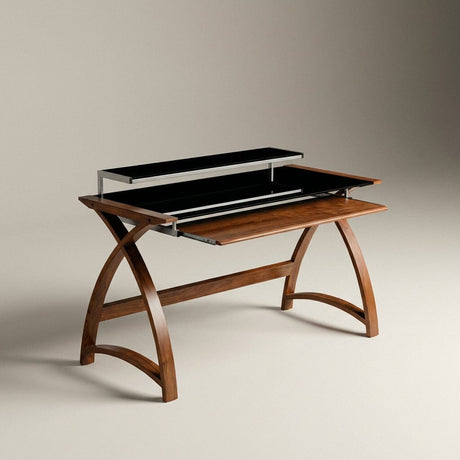 Jual Helsinki Curved 1300mm Wide Computer Desk in Walnut and Black Glass