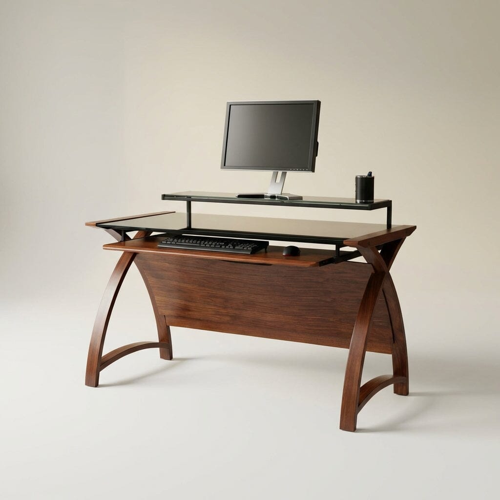 Jual Helsinki Curved 1300mm Wide Computer Desk in Walnut and Black Glass