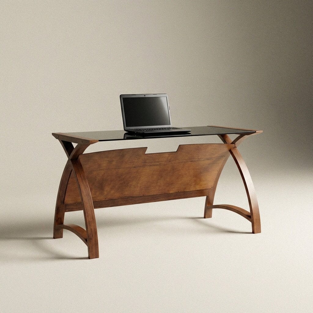 Jual Helsinki Curved 1300mm Laptop Desk in Walnut and Black Glass