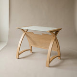Jual Helsinki Curved 900mm Laptop Table in Oak and White Glass