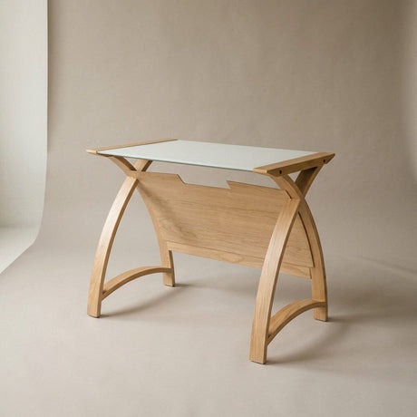 Jual Helsinki Curved 900mm Laptop Table in Oak and White Glass