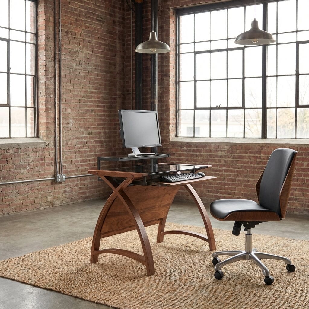 Jual Helsinki Curved 900mm Wide Computer Desk in Walnut and Black Glass
