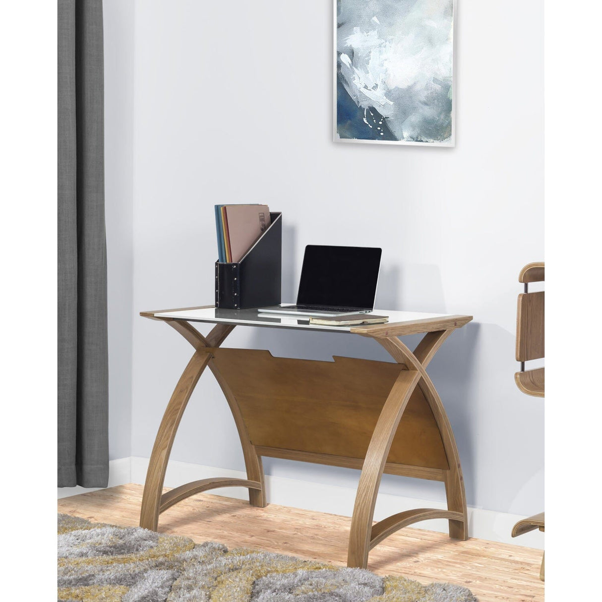 Jual Helsinki Curved 900mm Laptop Table in Oak and White Glass