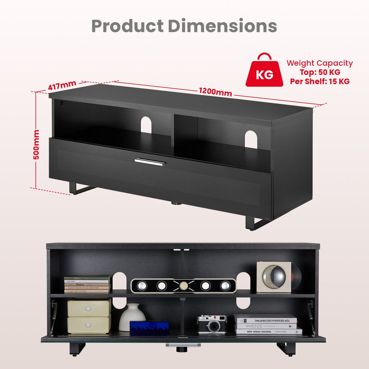 TTAP Sorrento Satin Black 120cm Wide TV Cabinet (SOR-1200-BLK)