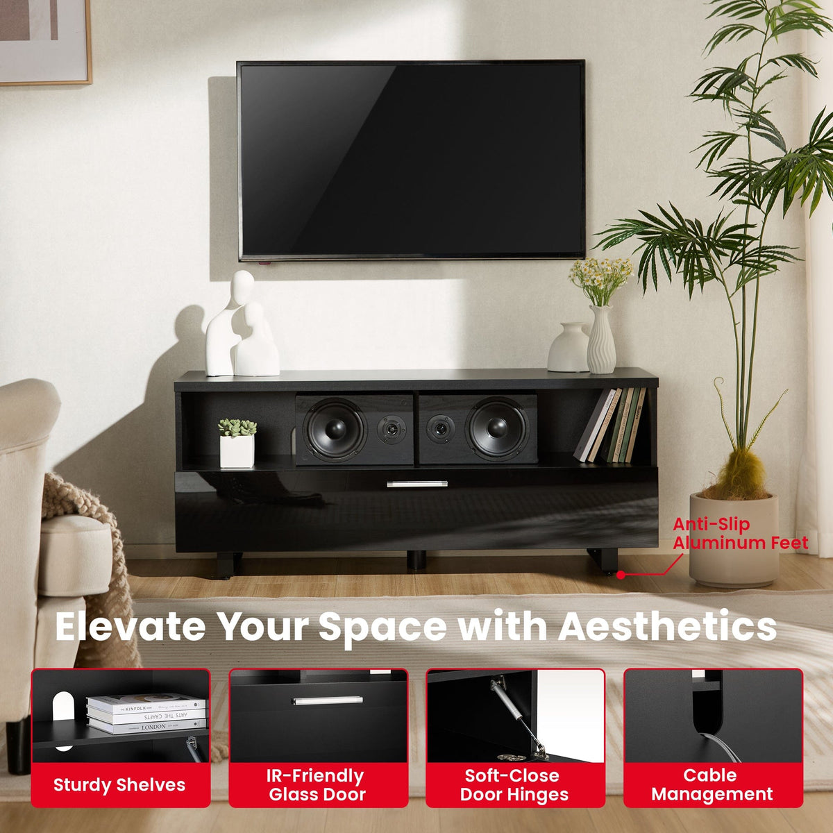 TTAP Sorrento Satin Black 120cm Wide TV Cabinet (SOR-1200-BLK)