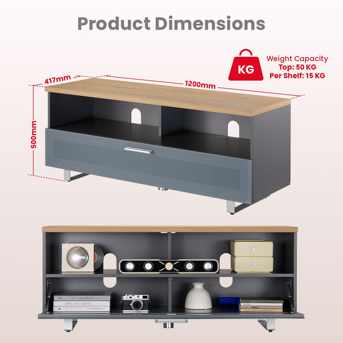 TTAP Sorrento Oak and Satin Grey 120cm Wide TV Cabinet (SOR-1200-GRY)