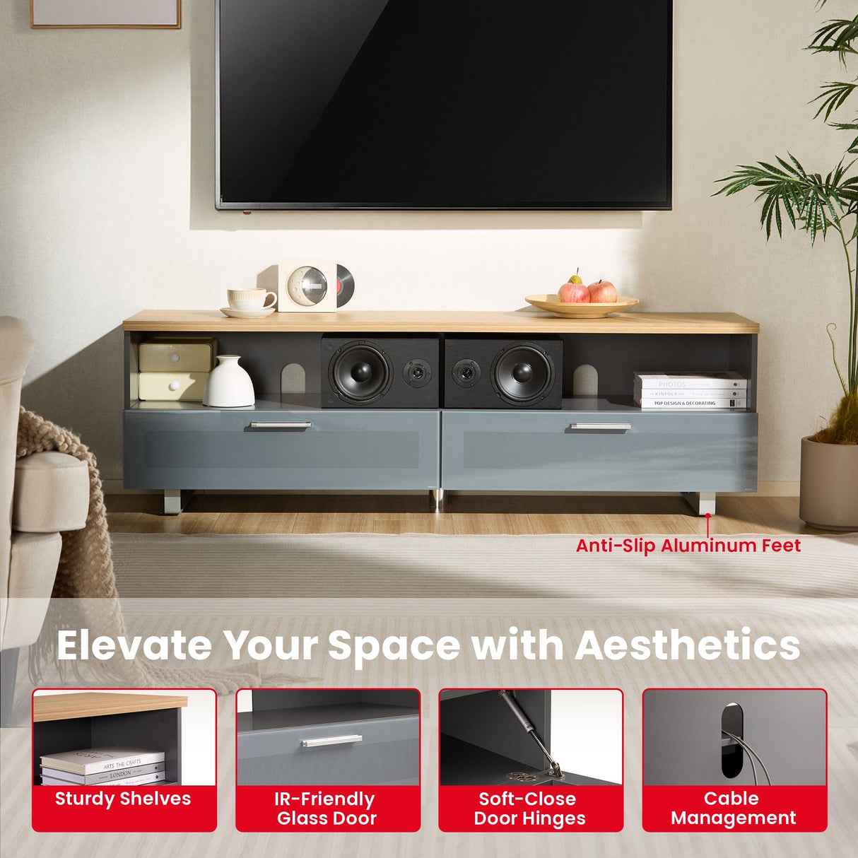 TTAP Sorrento Satin Grey and Oak 160cm Wide TV Cabinet (SOR-1600-GRY)
