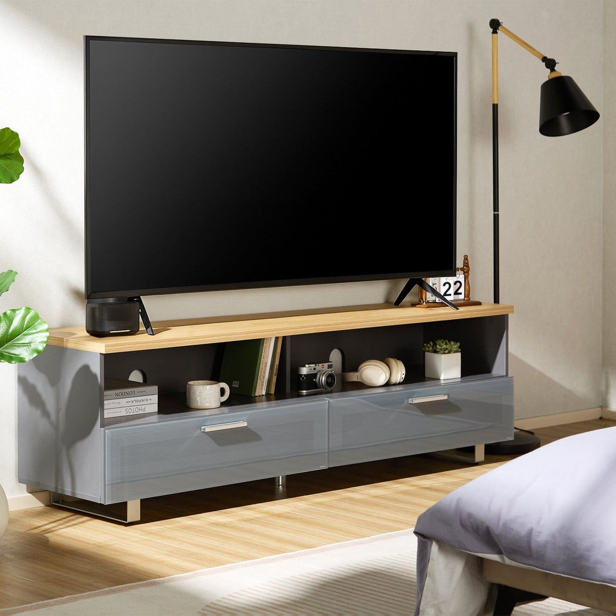 TTAP Sorrento Satin Grey and Oak 160cm Wide TV Cabinet (SOR-1600-GRY)