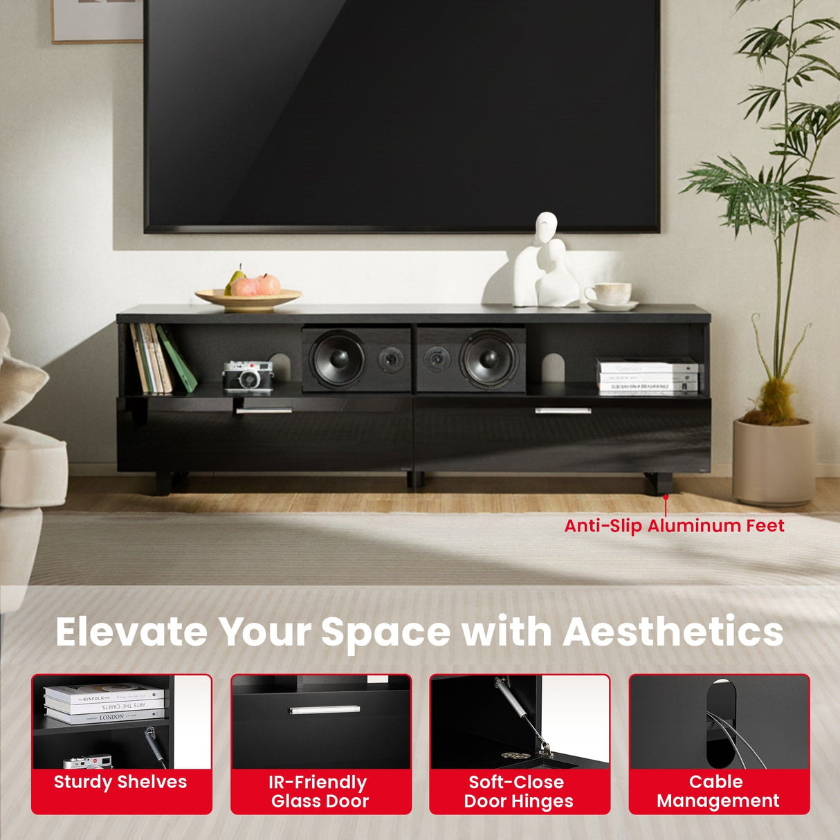 TTAP Sorrento Satin Black 160cm Wide TV Cabinet (SOR-1600-BLK)
