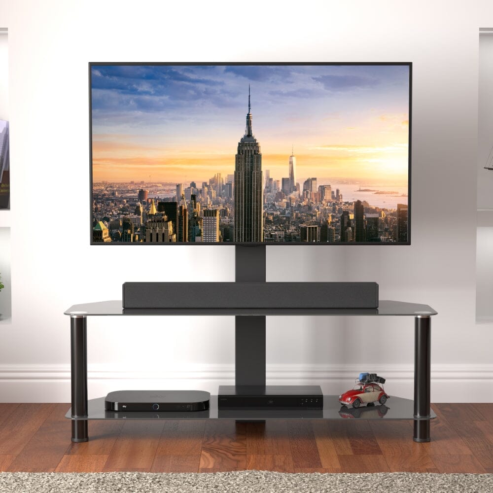 AVF SDCL1140BB: Classic 1.14m Glass Corner TV Stand with Mount (Black)