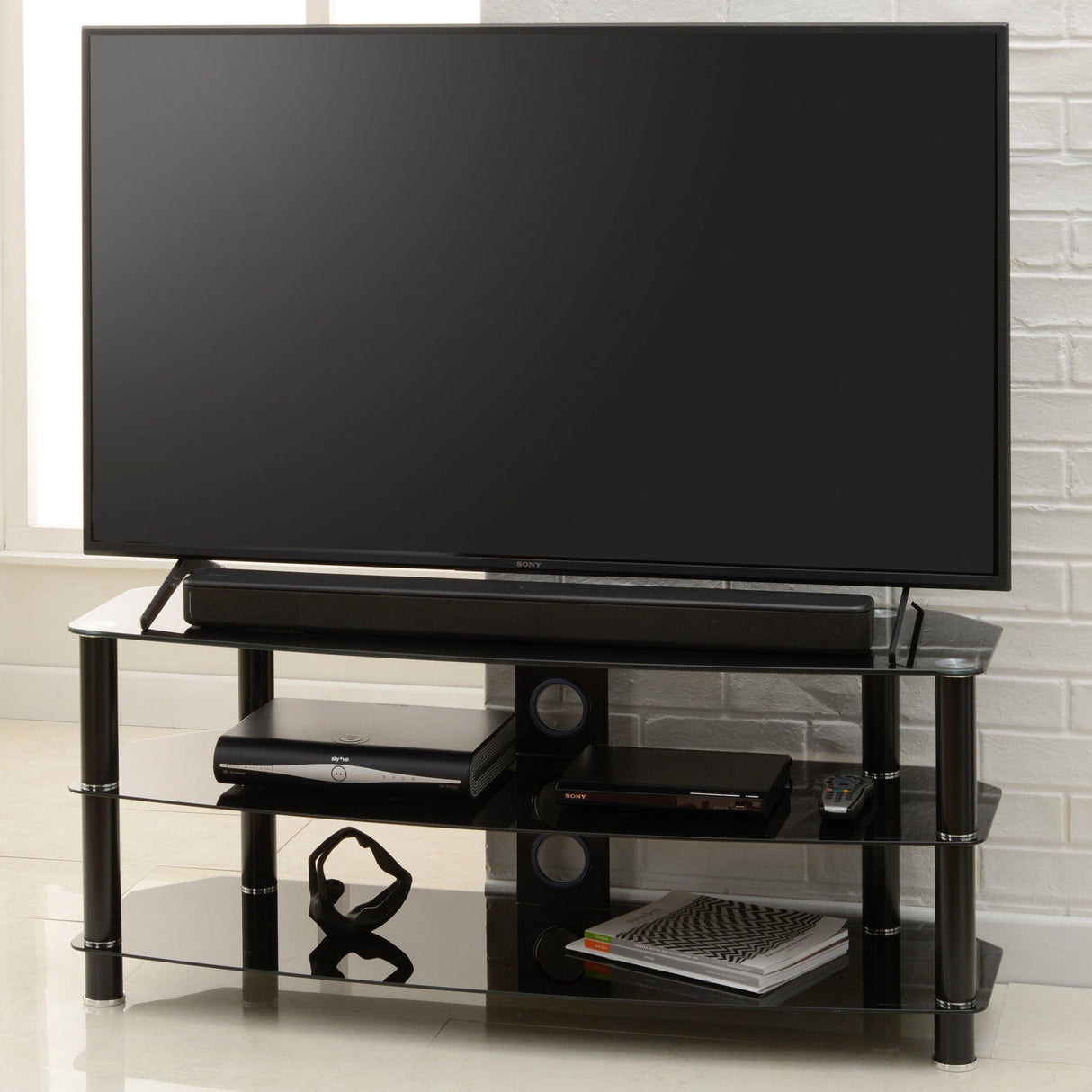 TTAP Vantage 3-Shelf Glass TV Stand in Black and Black Glass (AVS-C303C-1200-3BB)