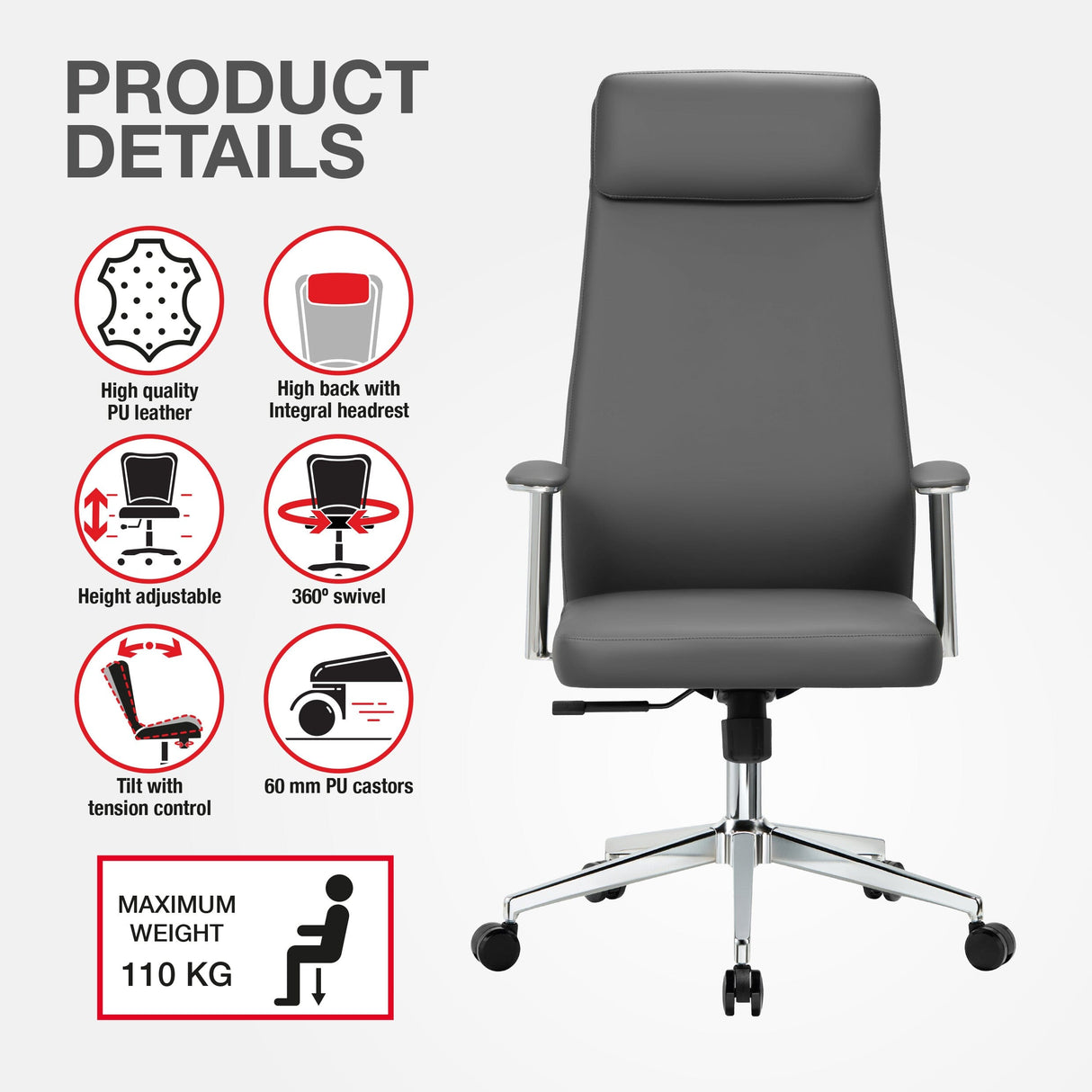 TTAP York Grey Leather Faced Office Chair
