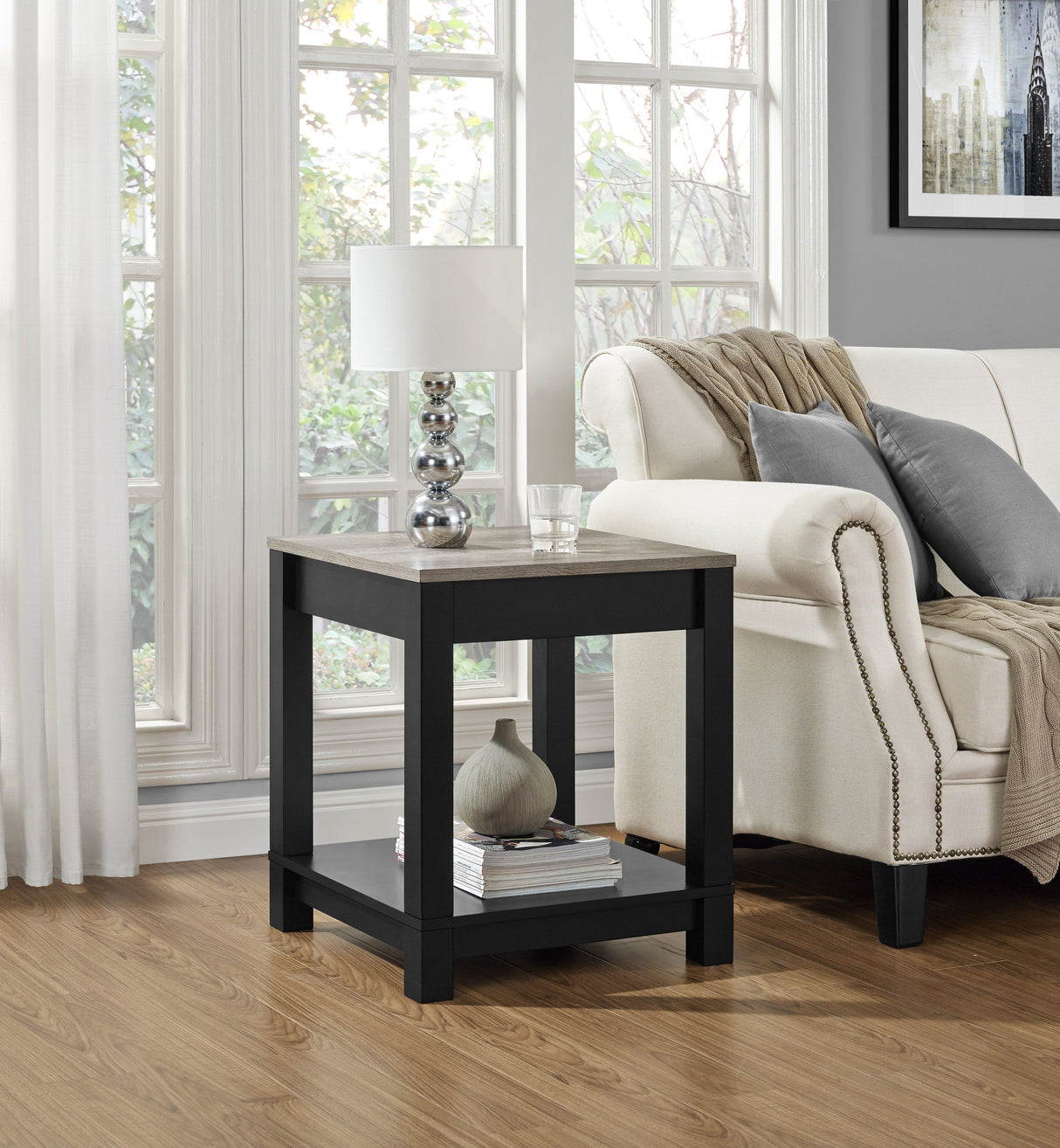 Dorel Home Carver Range End Table in Weathered Oak and Black