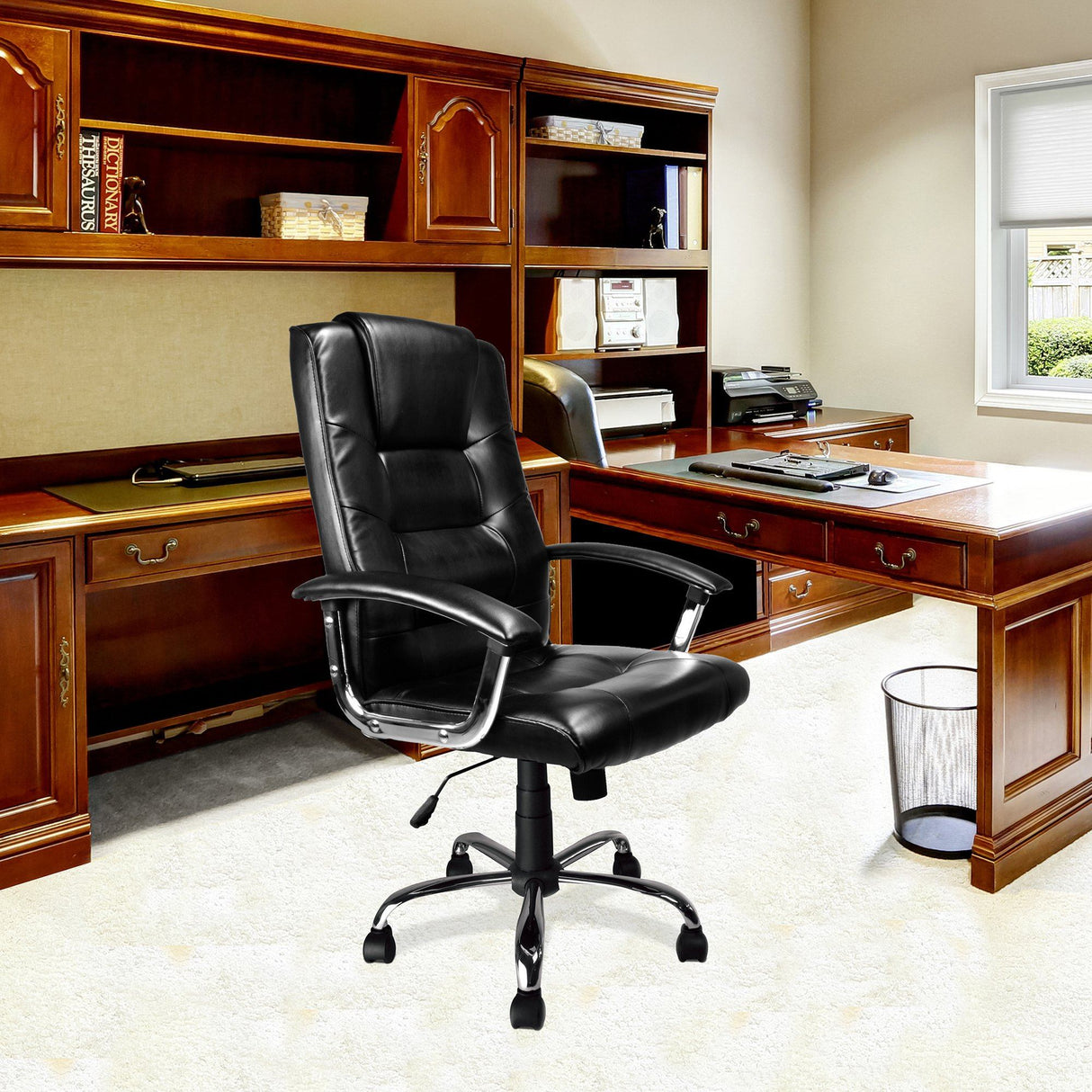 Nautilus Designs Westminster High Back Leather Faced Executive Armchair with Integral Headrest and Chrome Base - Black