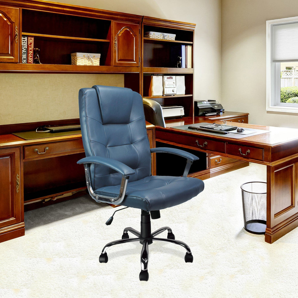 Nautilus Designs Westminster High Back Leather Faced Executive Armchair with Integral Headrest and Chrome Base - Blue
