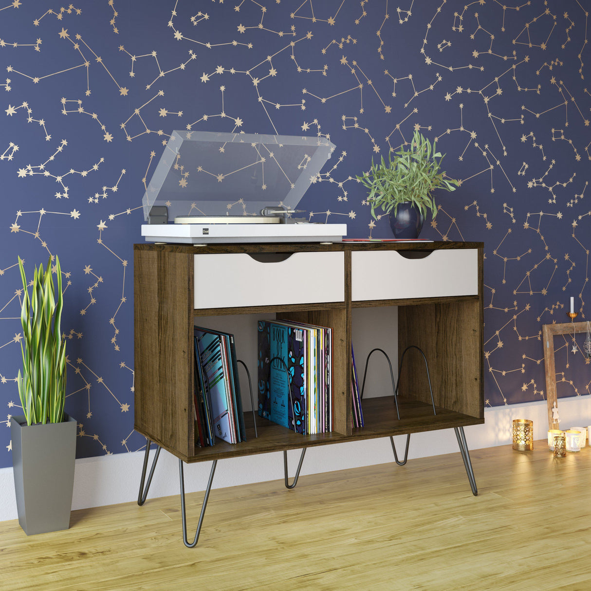 Dorel Home Concord Turntable Stand with Drawers in Brown Oak