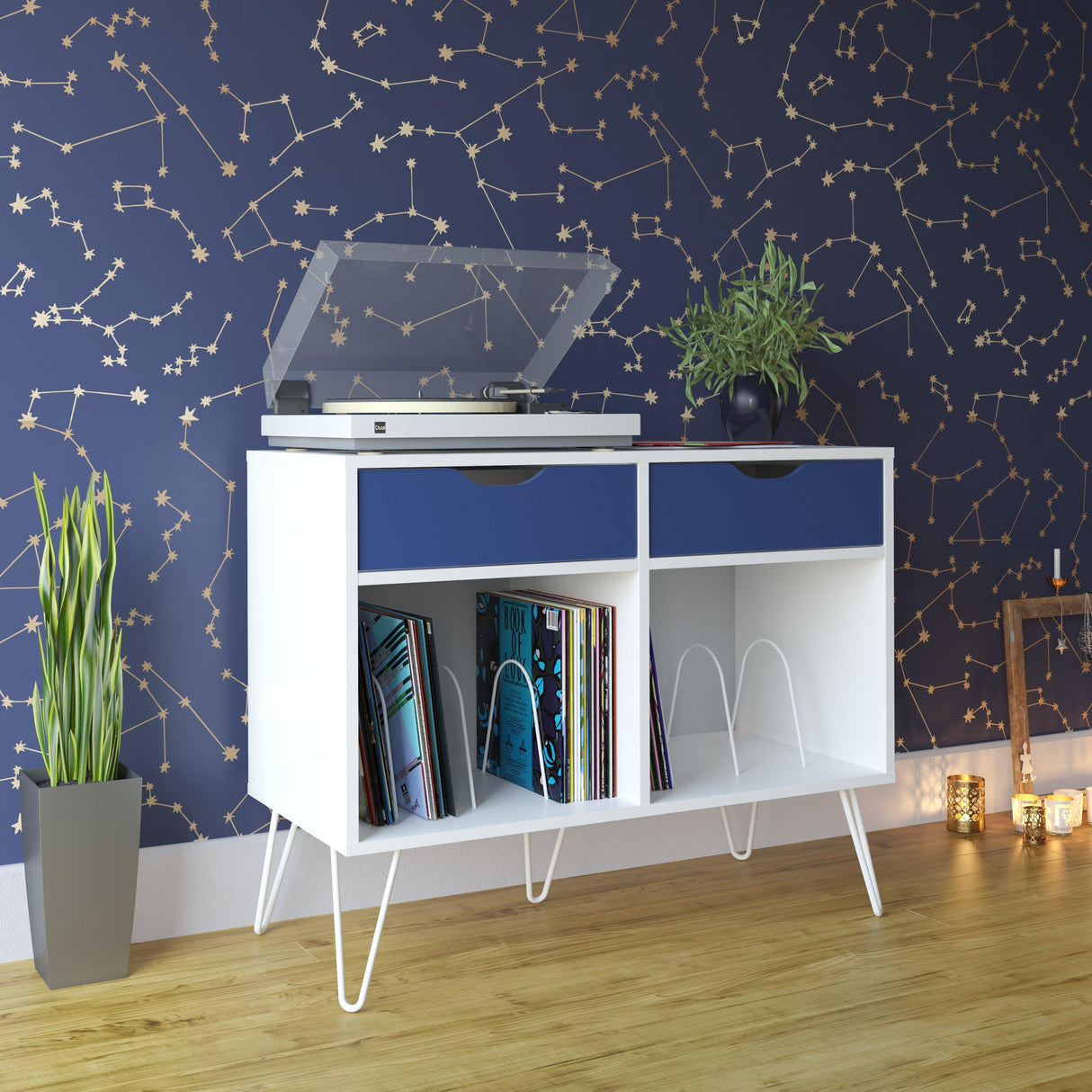 Dorel Home Concord Turntable Stand with Drawers in White and Blue