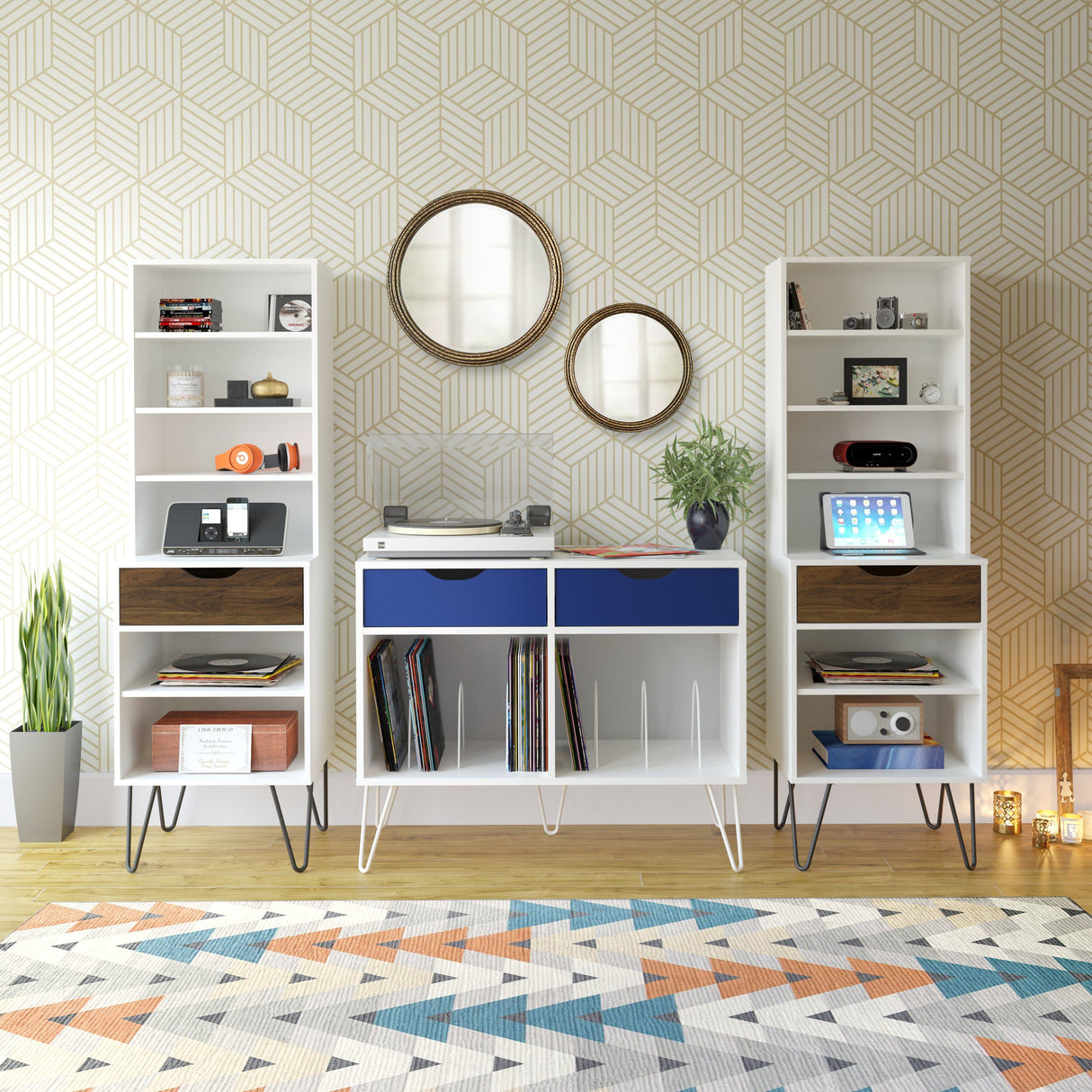 Dorel Home Concord Turntable Stand with Drawers in White and Blue