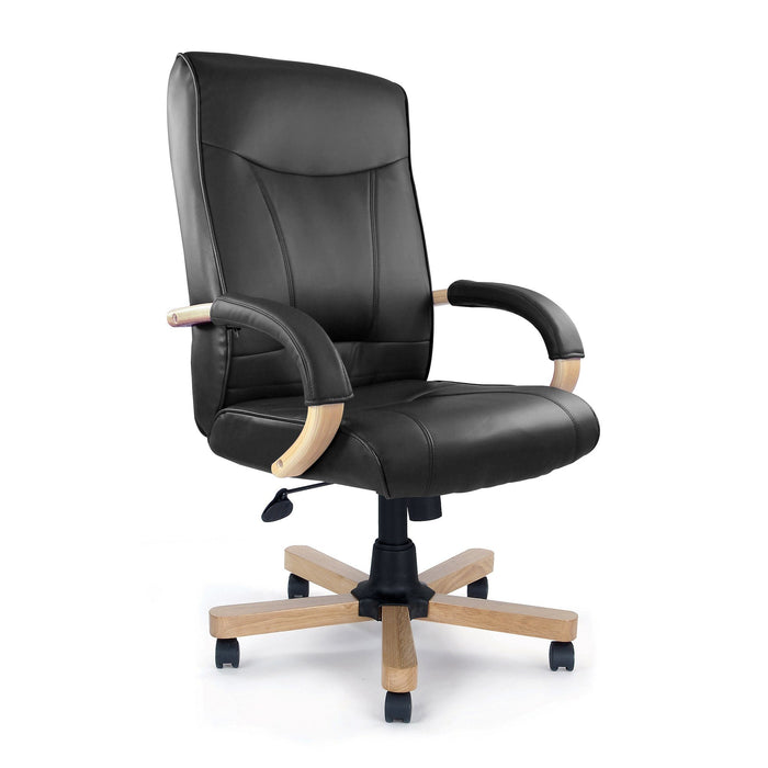 Nautilus Designs Troon High Back Leather Faced Executive Chair with Oak Effect Arms & Base - Black