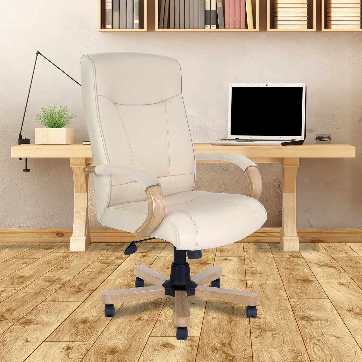 Nautilus Designs Troon High Back Leather Faced Executive Chair with Oak Effect Arms & Base - Cream