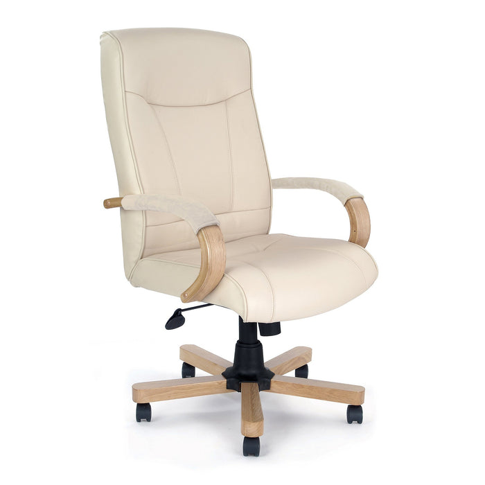 Nautilus Designs Troon High Back Leather Faced Executive Chair with Oak Effect Arms & Base - Cream