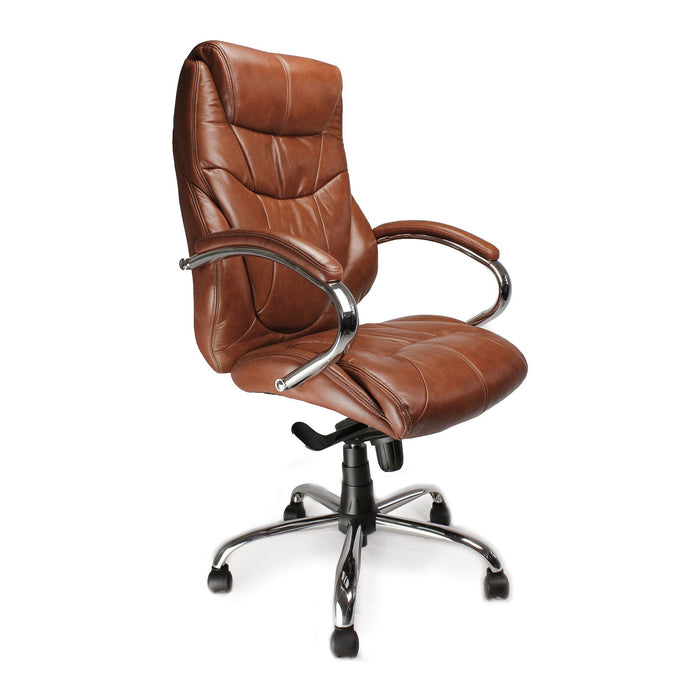 Nautilus Designs Sandown High Back Luxurious Leather Faced Synchronous Executive Armchair with Integral headrest and Chrome Base - Tan