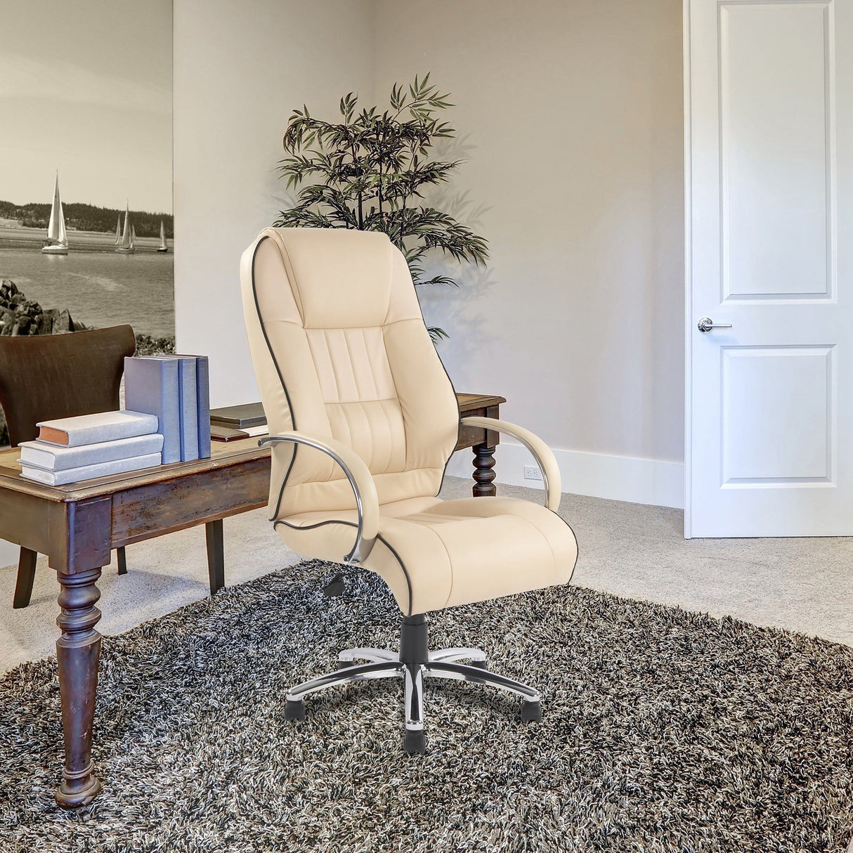 Nautilus Designs Dijon High Back Leather Faced Executive Armchair with Contrasting Piping and Chrome Base - Cream