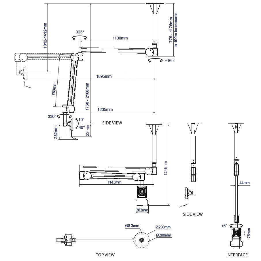 B-Tech BT7594 - Full Motion Articulating Arm Medical Ceiling Mount