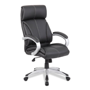 Nautilus Designs Cloud High Back Leather Faced Manager Chair with Satin Silver Finish to Armrests and Base - Black