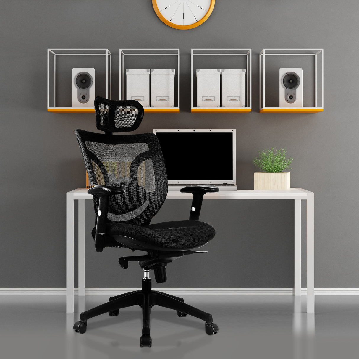 Nautilus Designs Newton High Back Mesh Synchronous Executive Armchair with Integral Headrest - Black