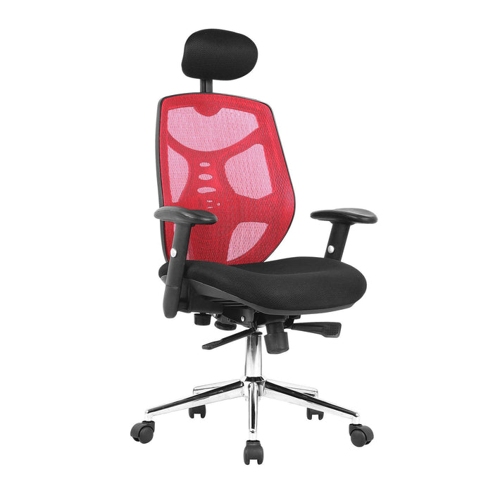 Nautilus Designs Polaris High Back Mesh Synchronous Executive Armchair with Adjustable Headrest and Chrome Base - Red/Black
