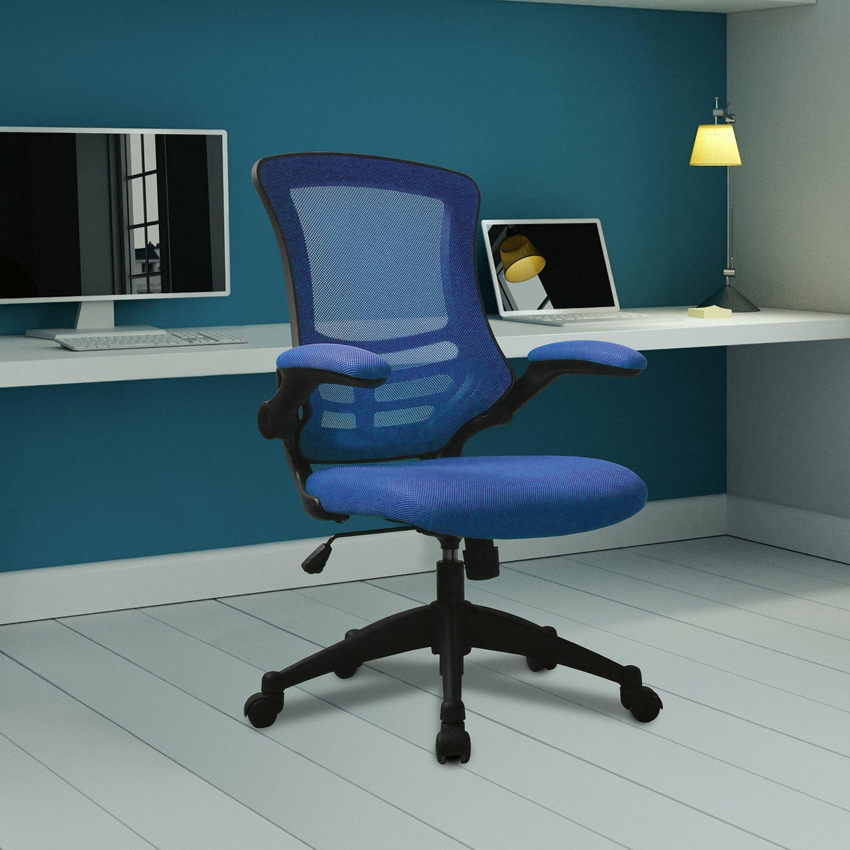 Nautilus Designs Luna Designer Medium Back Mesh Chair with Folding Arms - Blue
