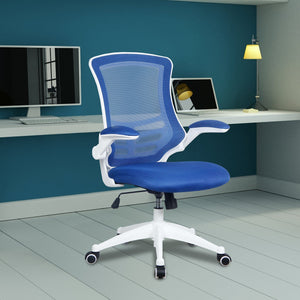 Nautilus Designs Luna Designer Medium Back Mesh Chair with White Shell and Folding Arms - Blue