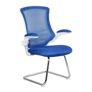 Nautilus Designs Luna Designer Medium Back Mesh Cantilever Chair with White Shell, Chrome Frame and Folding Arms - Blue
