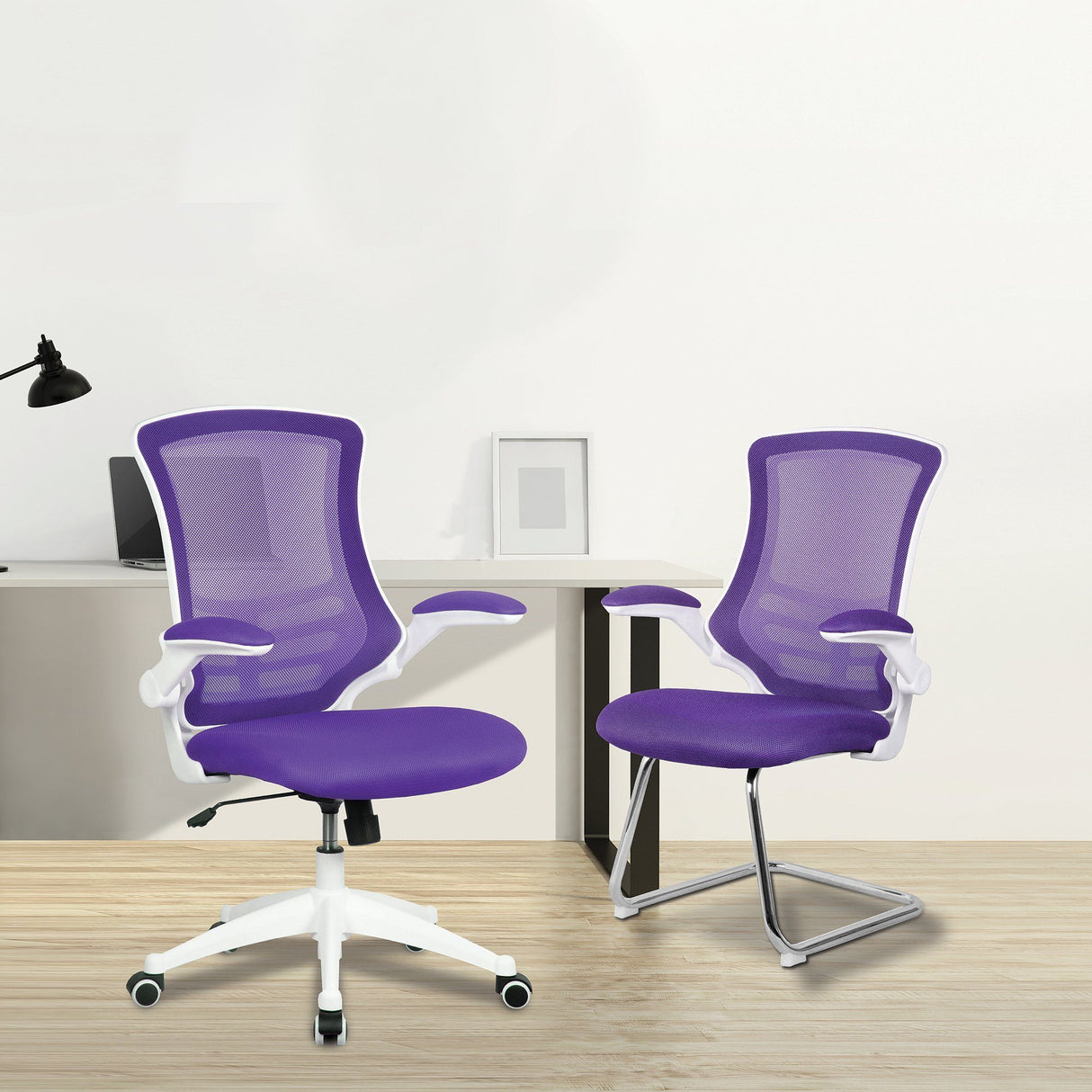 Nautilus Designs Luna Designer Medium Back Mesh Cantilever Chair with White Shell, Chrome Frame and Folding Arms - Purple
