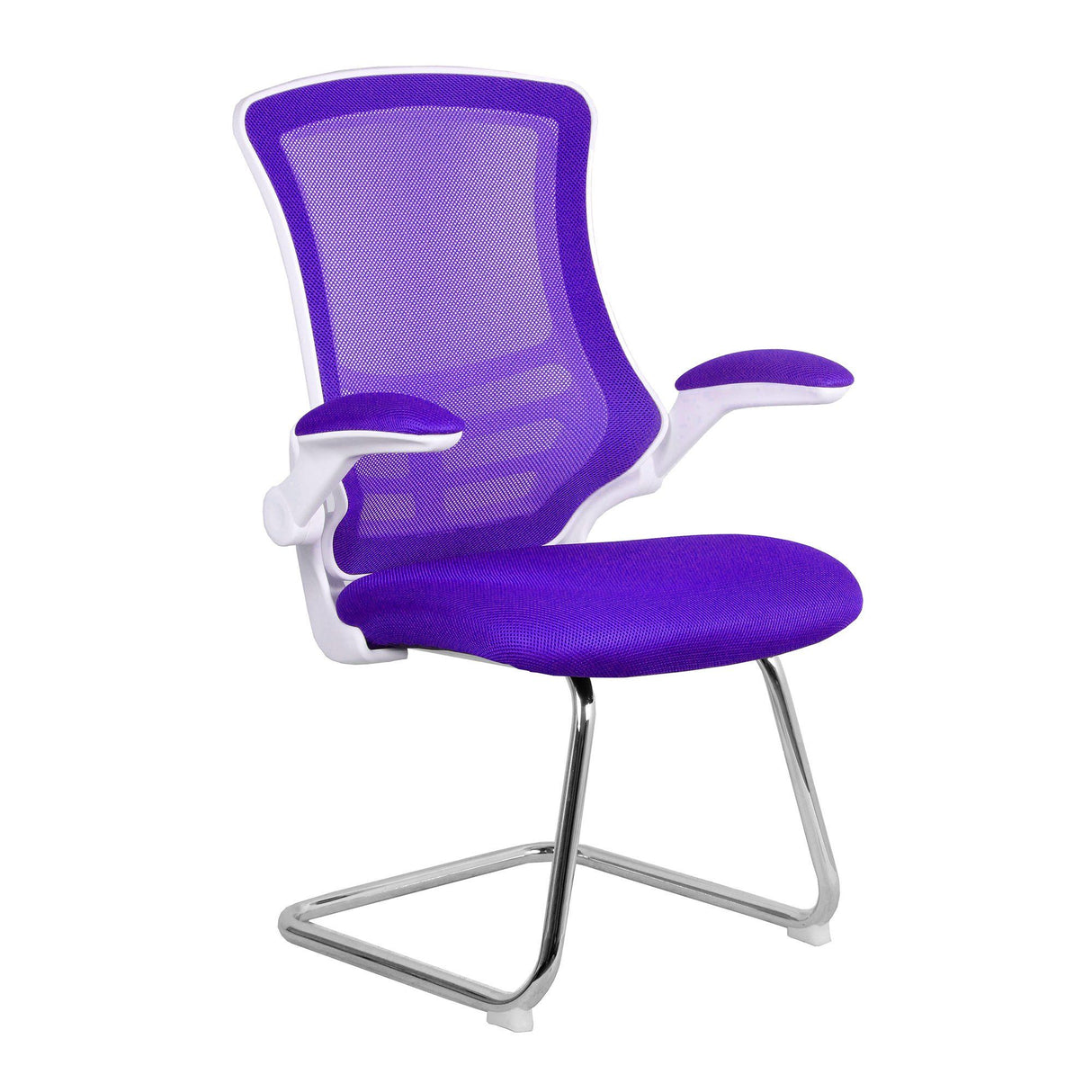 Nautilus Designs Luna Designer Medium Back Mesh Cantilever Chair with White Shell, Chrome Frame and Folding Arms - Purple