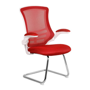 Nautilus Designs Luna Designer Medium Back Mesh Cantilever Chair with White Shell, Chrome Frame and Folding Arms - Red
