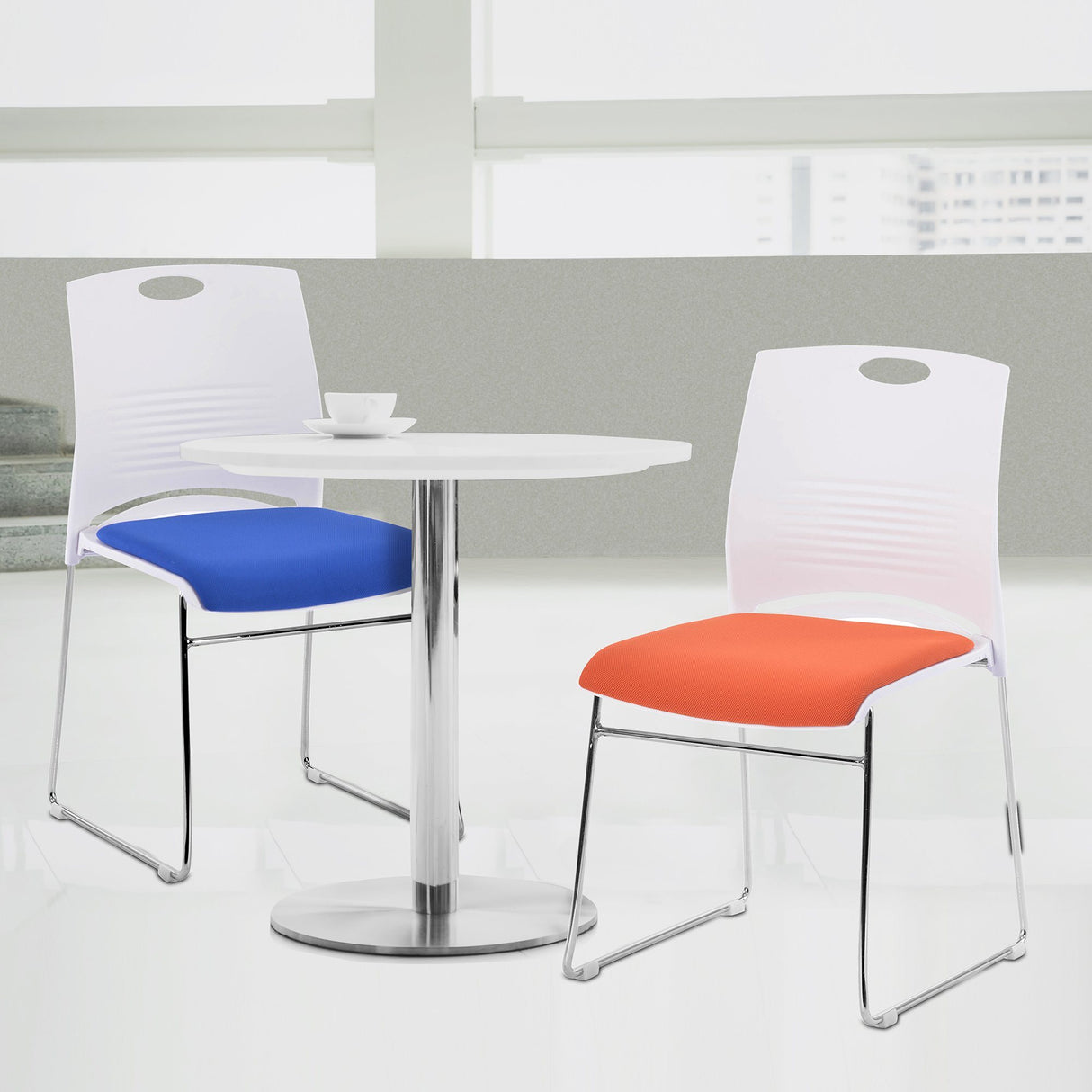 Nautilus Designs Kore Stylish Stackable Chrome Frame Chair with Padded Upholstered Seat, White Shell and Hand Hole in Backrest - 2 per Box -Orange