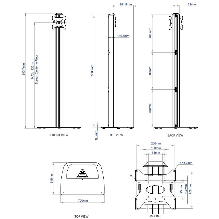 B-Tech BT8581 Tall TV Floor Stand for screens up to 47 inch