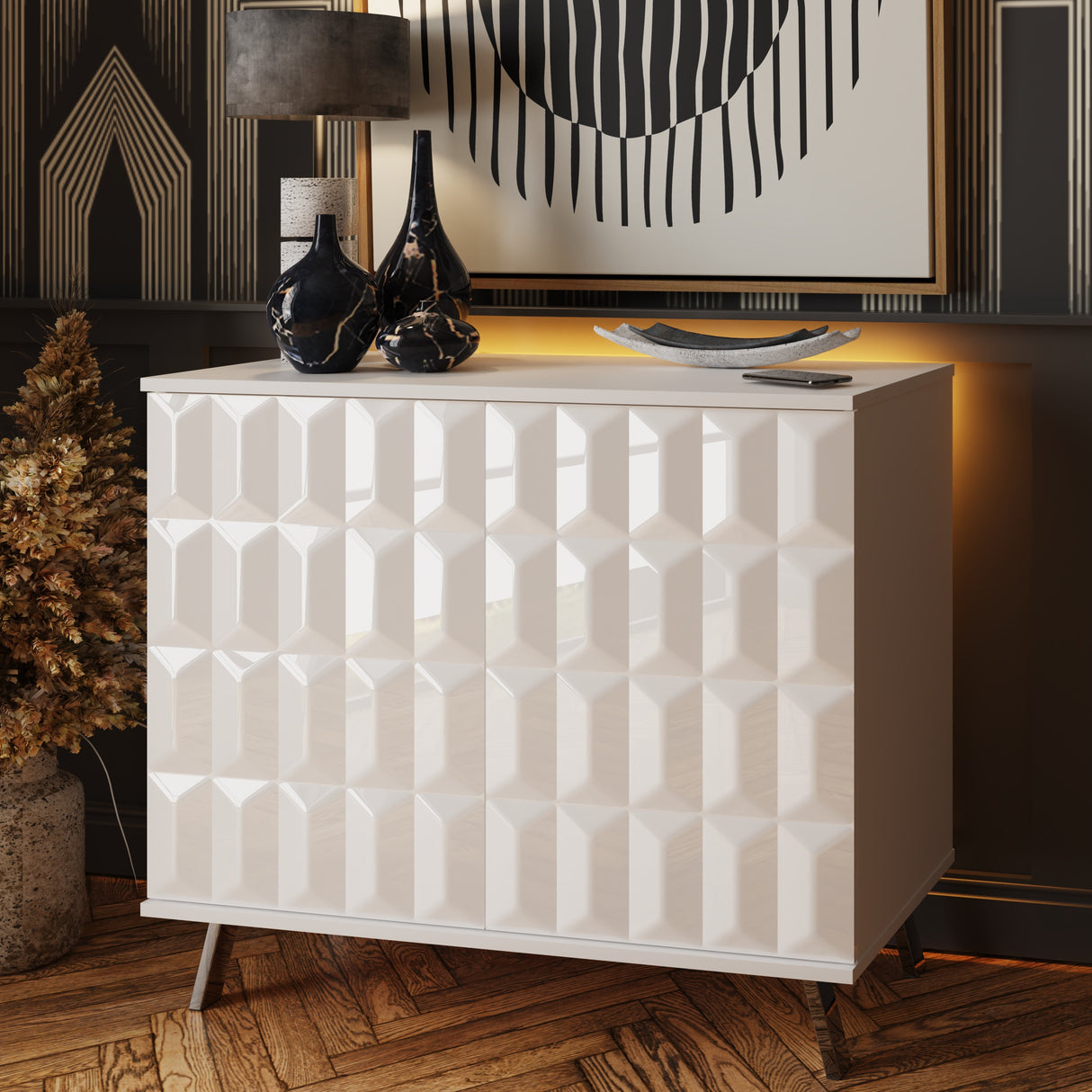 Frank Olsen Elevate White Small Sideboard with Mood Lighting & Wireless Phone Charging