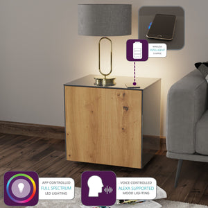 Frank Olsen IntelliLamp High Gloss Grey And Oak Lamp Table With LED Lighting and Wireless Phone Charging