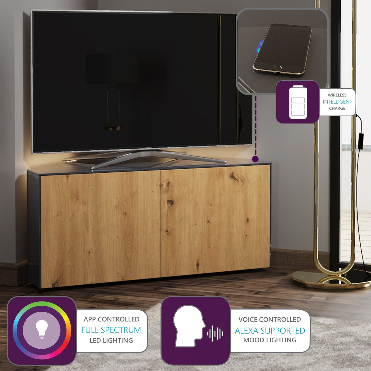 Frank Olsen High Gloss Grey and Oak 1100mm Corner TV Cabinet with LED Lighting and Wireless Phone Charging