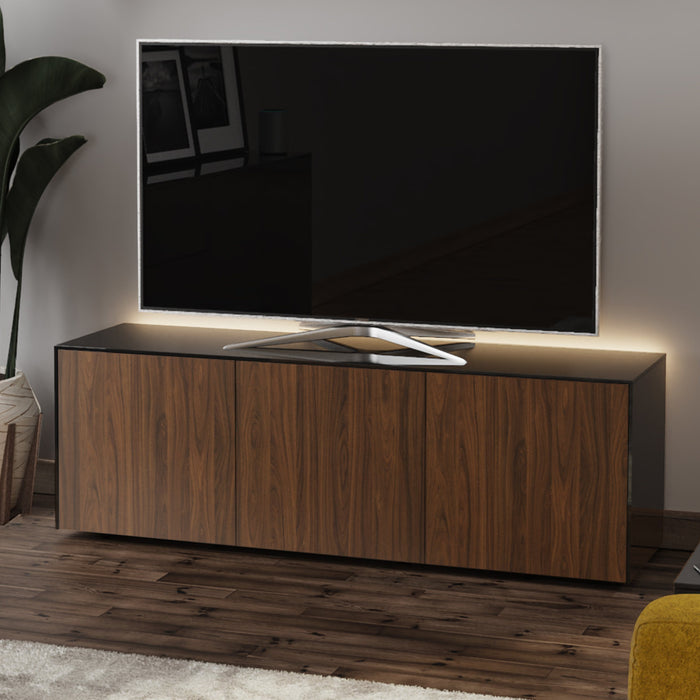 Frank Olsen High Gloss Black and Walnut 1500mm TV Cabinet with LED Lighting and Wireless Phone Charging