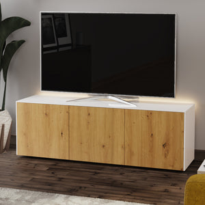 Frank Olsen High Gloss White and Oak 1500mm TV Cabinet with LED Lighting and Wireless Phone Charging