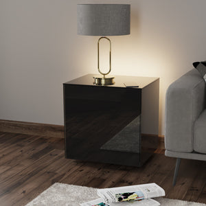 Frank Olsen High Gloss Black Lamp Table with LED Lighting and Wireless Phone Charging
