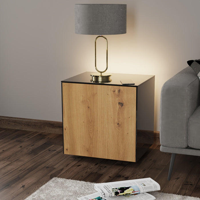Frank Olsen IntelliLamp High Gloss Black And Oak Lamp Table With LED Lighting and Wireless Phone Charging