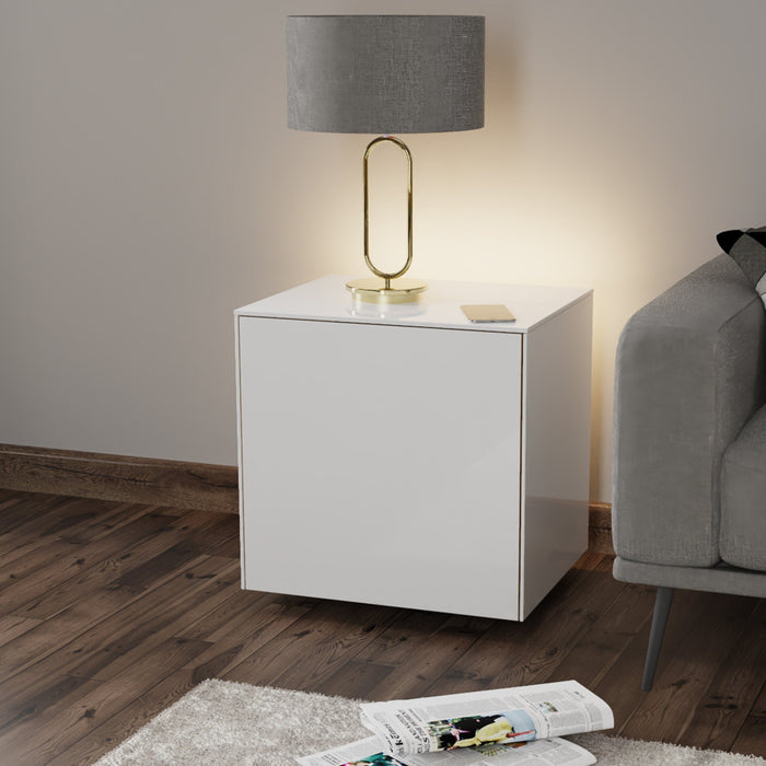 Frank Olsen High Gloss White Lamp Table with LED Lighting and Wireless Phone Charging