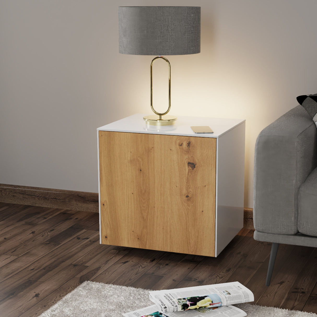 Frank Olsen IntelliLamp High Gloss White And Oak Lamp Table With LED Lighting and Wireless Phone Charging