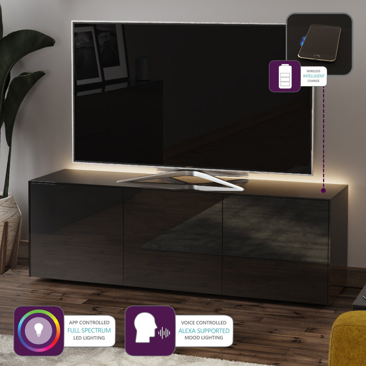 Frank Olsen High Gloss Black 1500mm TV Cabinet with LED Lighting and Wireless Phone Charging