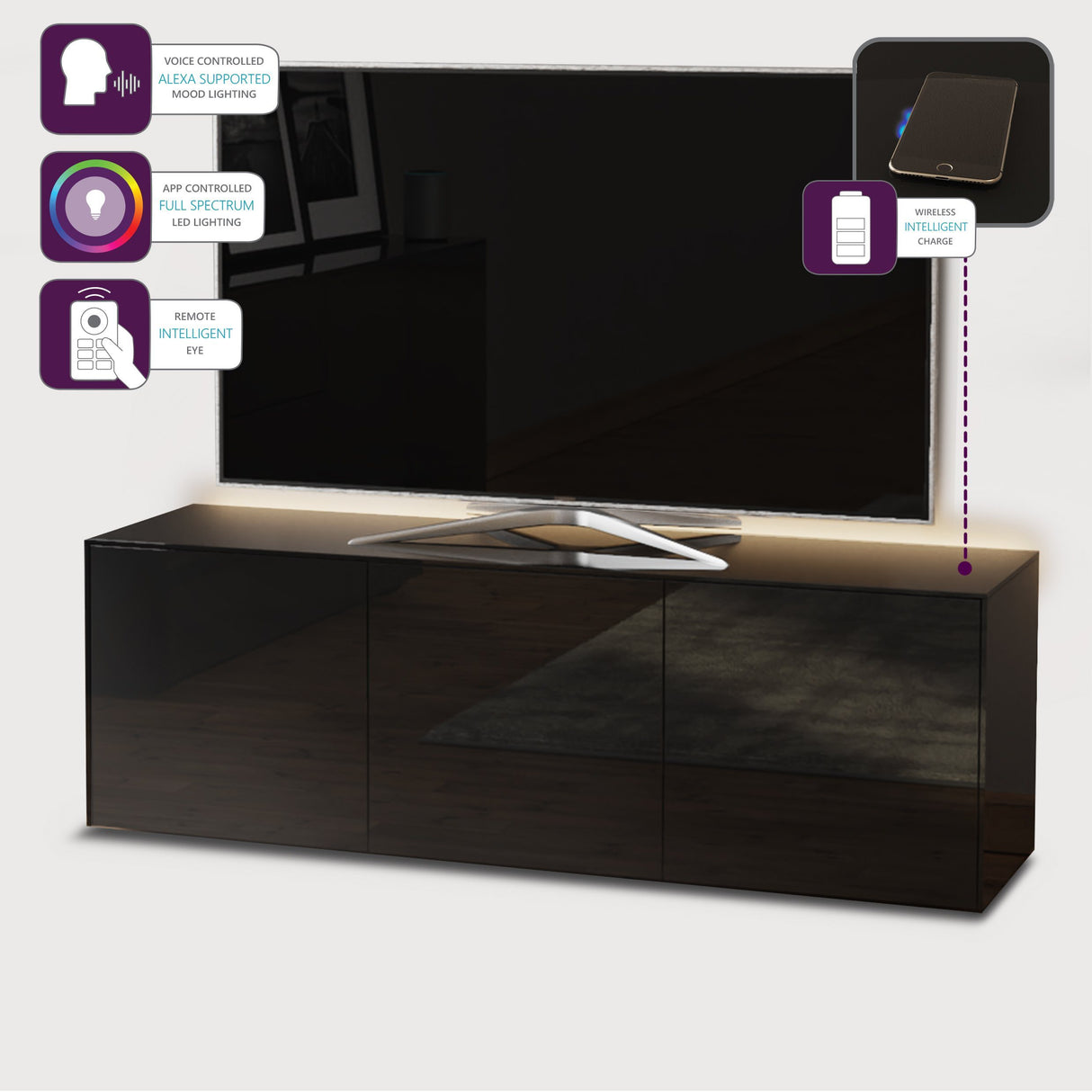 Frank Olsen High Gloss Black 1500mm TV Cabinet with LED Lighting and Wireless Phone Charging